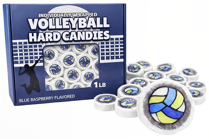 Volleyball Candy Team Party Favor Bulk Pack – Easter Basket Stuffer - 110+ Individually Wrapped Ball Hard Candies Blue Raspberry Flavor – One Pound of Game Day Snacks, Goodie Bag Fillers, Sports Birthday Treats -