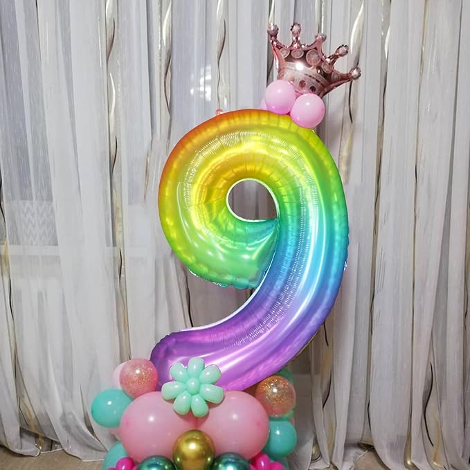 40 Inch Rainbow Number Balloon 9, Large Number Foil Balloons Mylar for Girl Boy Birthday Party Celebration Decorations Supplies, Digital Balloons for Wedding Anniversary Events Decorations