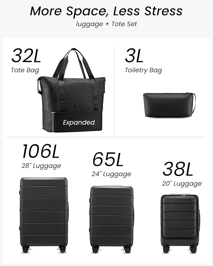 YOETEY 5 Piece Luggage Set Hardside Expandable Suitcase with TSA Lock Spinner Wheels Lightweight Travel Set Includes Tote and Toiletry Bag, (5 Piece Sets, Black)