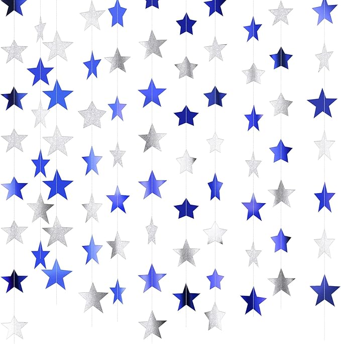 Patelai Glitter Star Garland Banner 2026 Graduation Decor 130 Feet Star Hanging Banner Twinkle Backdrop for Party Birthday Classroom Wedding Supplies(Ocean Blue, Glitter Silver)