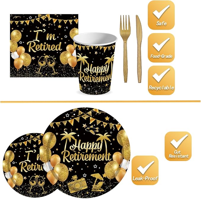 144PCS Happy Retirement Party Supplies Black Gold Retirement Tableware Set Retired Party Decorations Including Paper Plates Napkins Cups Forks Serve 24 for Men Women