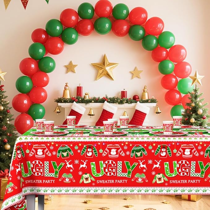 194pcs Christmas Ugly Sweater Decorations Xmas Disposable Dinnerware Set with Includes Plates, Cup, Napkin, Tablecloth, Tableware, New Year Ugly Sweater Party Supplies Plates Serve 24 Guests