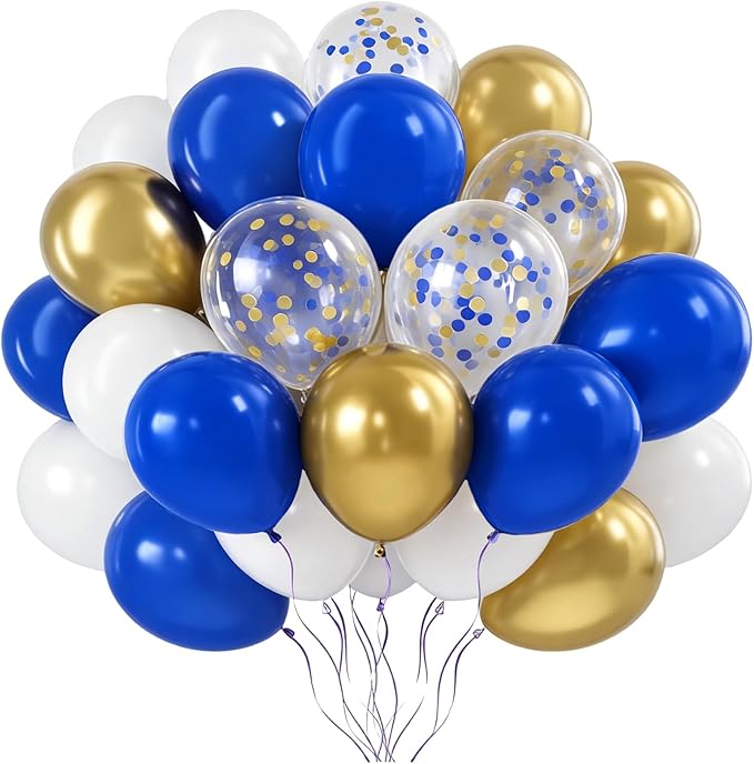 Royal Blue and Gold Balloons, 50 Pcs 12 Inch Royal Blue Metallic Gold Whtie Latex Balloons Balloon for Adult Party Graduation Wedding Anniversary Party Decorations