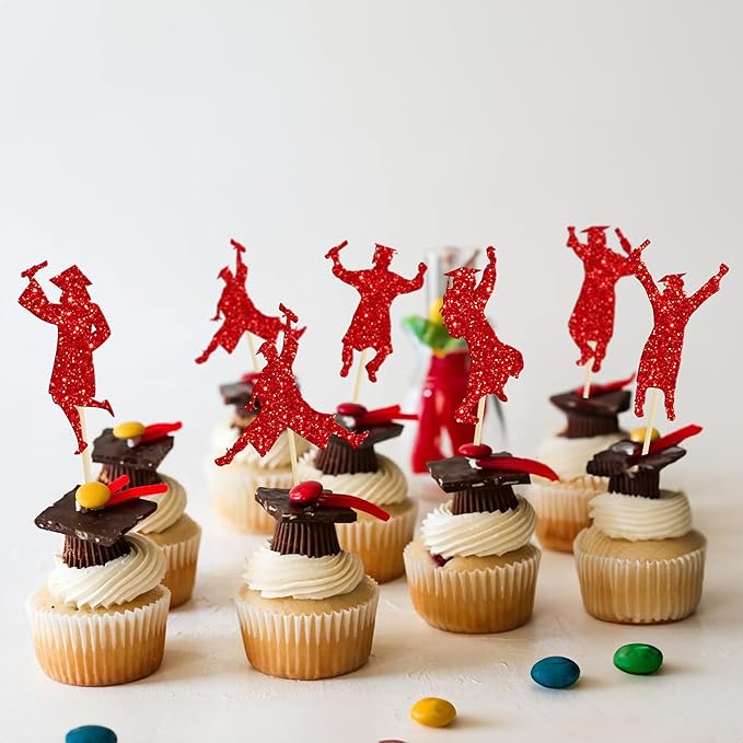 Gyufise 24Pcs 2026 Graduation Cupcake Toppers Red Glitter Class of 2026 Boys Girls Graduation Cap Cupcake Picks for 2026 Graduation Theme Party Cake Decorations Supplies