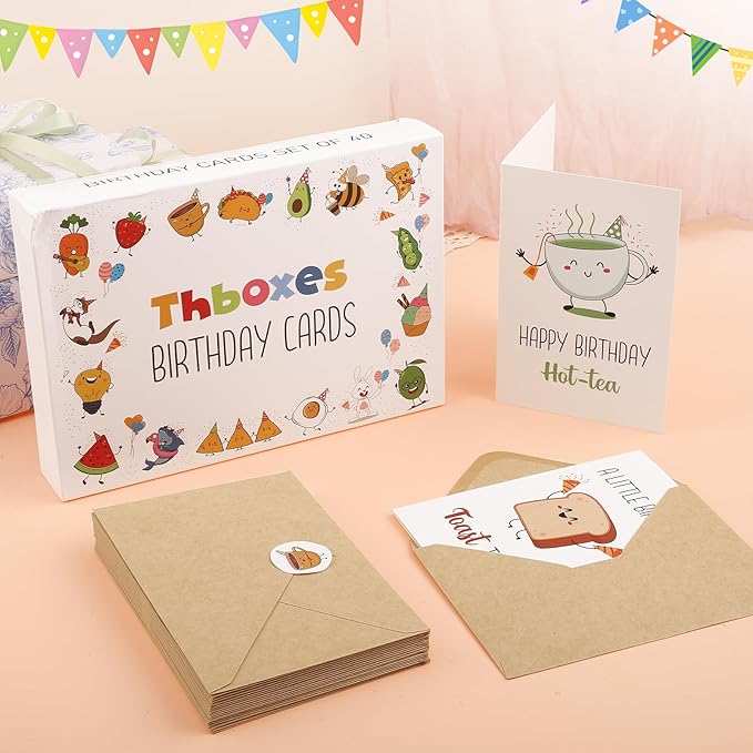 40 Birthday Cards with Envelopes & Stickers Set, 4"x6" Funny Bulk Birthday Card 20 Unique Designs Cute Handmade Greeting Card for Kids, Women, Friends, Family, Work & Office