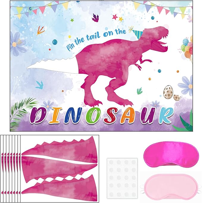 T-Antrix Pin The Tail on The Dinosaur Game -Dinosaur Party Games for Kids Girls with 21'' x 28'' Poster, Reusable Pink Tails Party Supplies for Kids Girls Birthday Party Favor Sets