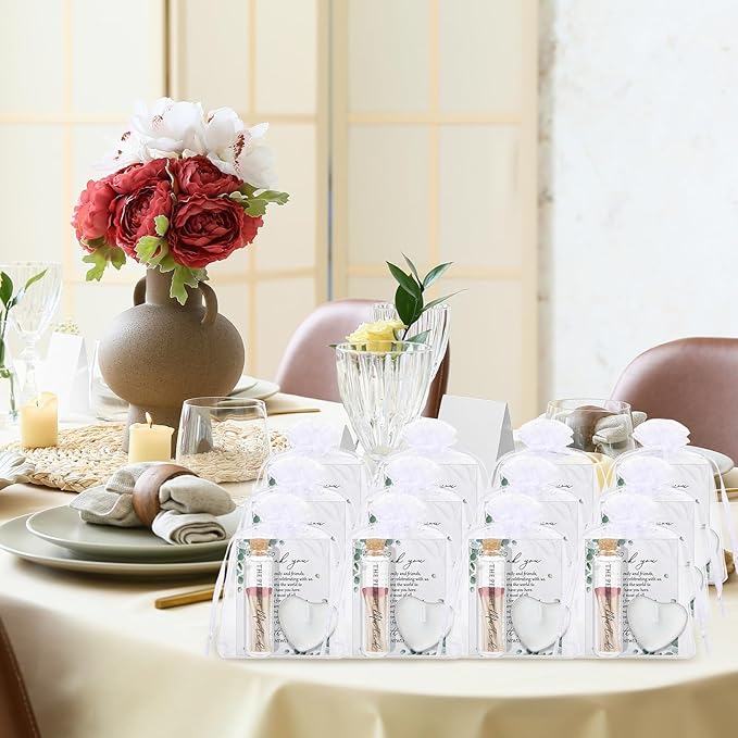 100 Sets Wedding Party Favors for Guests Bulk Including Mini Heart Shaped Candles and Empty Matches Jars with Cork Top Thank You Cards and Organza Bags for Wedding Bridal Shower Party Souvenir