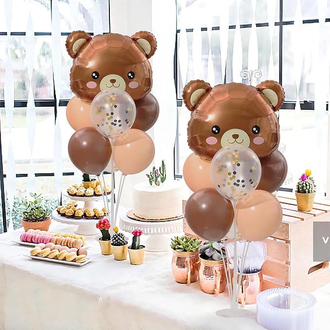 Teddy Bear Table Centerpiece Balloon Stand Kit Set of 2, Teddy Bear Head Foil Balloons with Brown Beige Balloons for Birthday Party Baby Shower Decorations