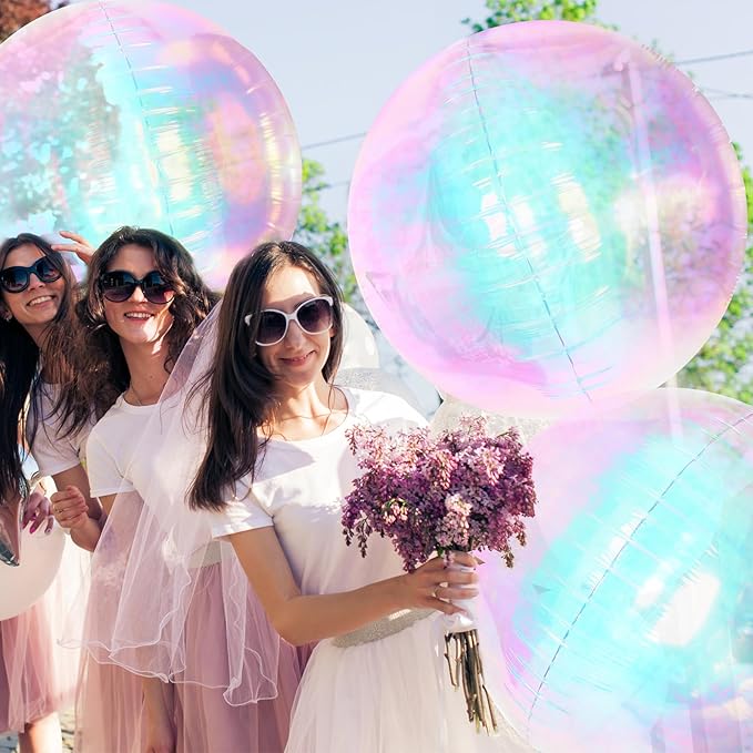 3 Pcs 32 Inch Iridescent 4d Round Ball Balloons Holographic Balloons for Spring, Clear Foil Decor Folding Rainbow for Under the Sea Mermaid Groovy Party, Stage, Wedding, Birthday Party