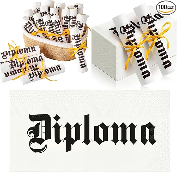 100 Set Graduation Diploma Guest Napkins Gold Rolled Silverware Disposable Grad Award Dinner Napkin with Ribbon and Scissors for Celebration
