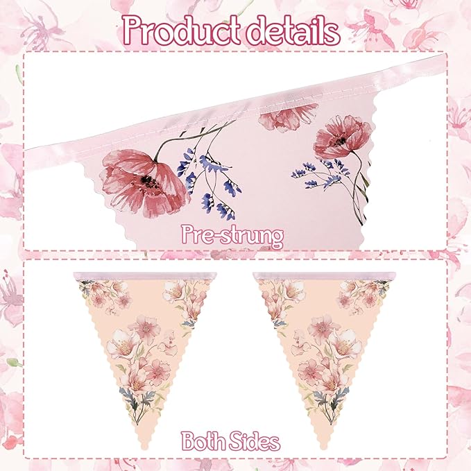 2PCS Floral Paper Garland, 13ft Vintage Wildflower Bunting Triangle Banner for Tea Party Birthday Baby Shower Wedding Garden Party Mother's Day