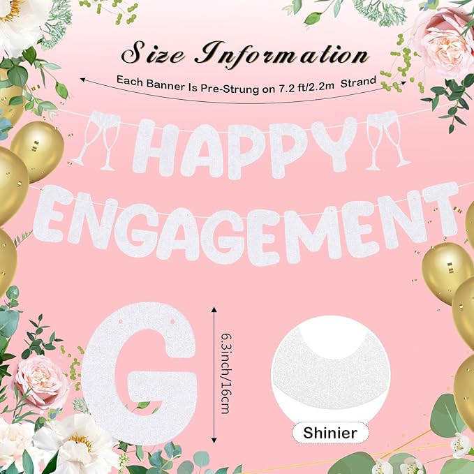 Breling Pre Strung Happy Engagement Banner Glitter Engagement Party Decorations for Congratulations Engaged Wedding Shower Signs Decor(White)