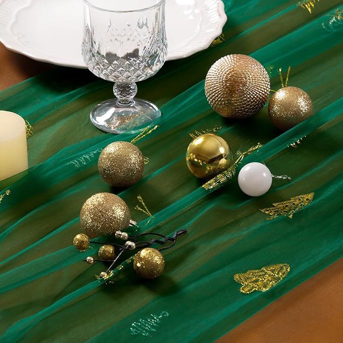 Socomi Christmas Tree Table Runner Gold Gauze Sheer Chiffon Cheesecloth Sequin 10FT Glitter Metallic Foil Dining Wedding Birthday Party Winter Holiday Centerpiece Table Decor Emerald Green