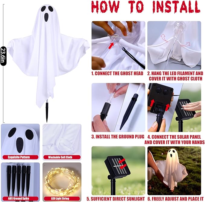 Halloween Decorations Solar Halloween Ghost Lights - Outdoor Ground Stake Spooky Decorations Ghosts for Yard Lawn Patio Porch Holiday Decor (Set of 5)
