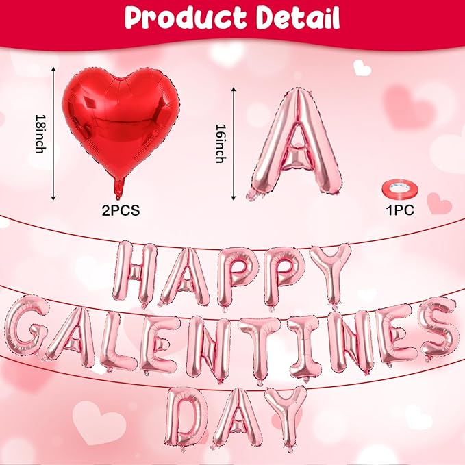 Happy Galentines Day Balloons Banner, 16 Inch Pink Galentine Letters Balloons Decorations 18 Inch Red Heart Foil Mylar Balloon for Women Ladies Galentine's Valentines Day Party Decoration Supplies