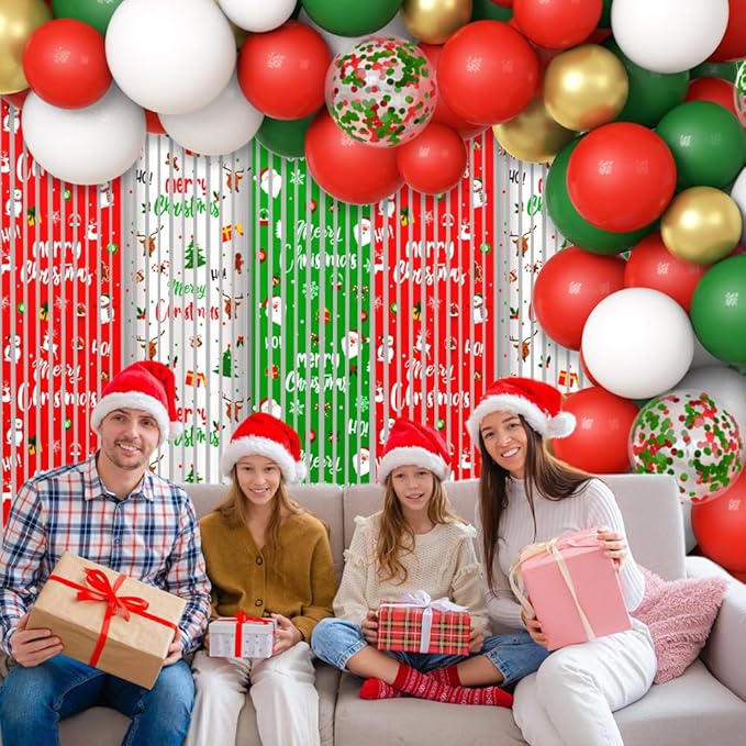 140pcs Christmas Party Balloon Set, Merry Xmas Balloons with Table Skirts and Foil Fringe Tinsel Curtains for Winter Holiday Party Decorations