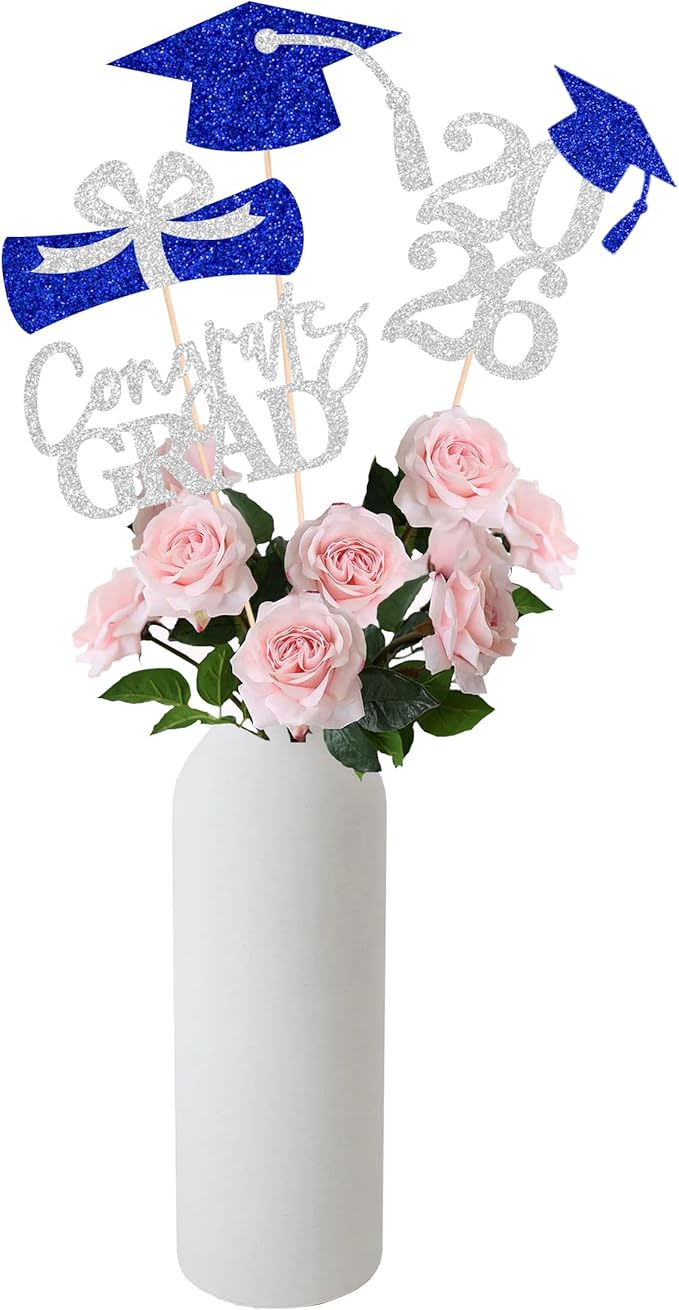Gexolenu 16 PCS Silver and Blue Double-Sided 2026 Graduation Centerpieces for Tables, 2026 Table Toppers Party Centerpiece Sticks Party Supplies, Graduation Party Decorations Class of 2026, Set of 4