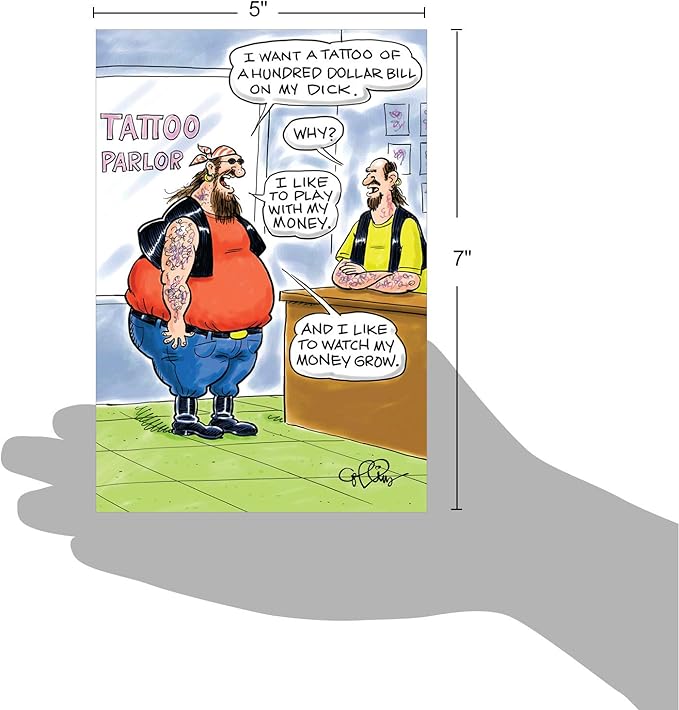 NobleWorks - 1 Cartoon Happy Birthday Card Funny - Hilarious Comic Greeting, Notecard with Envelope - 100-Dollar Tattoo 4767