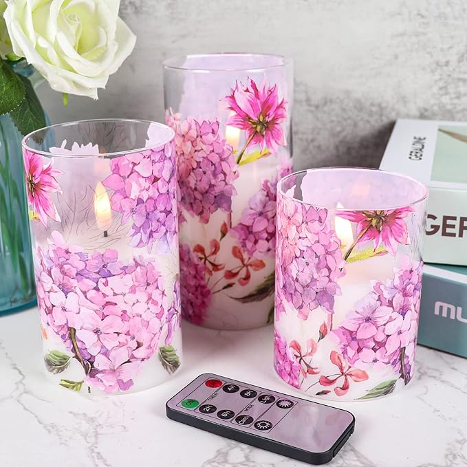 Glass Flameless Candles with Remote Timer, Pink Hydrangeas Decals Battery Led Pillar Candles Flickering Real Wax Pack of 3 for Mother's Day Gift, Wedding Dinner Home Decor, Φ 3" H 4" 5" 6"