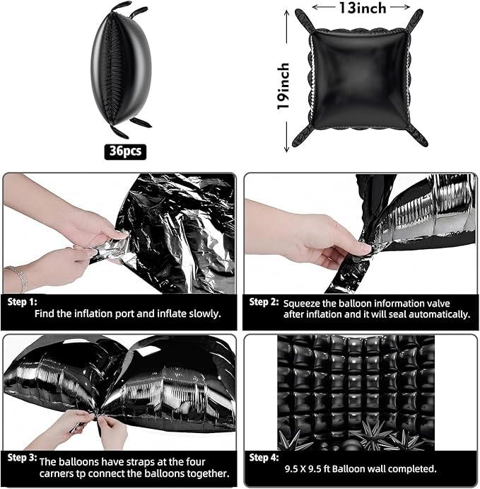50pcs Black Square Foil Balloons Wall Backdrop with 80pcs Black Balloon Garland Arch Kit, Double Sided Balloon Tunnel for Anniversary New Year Birthday Graduation Baby Shower Party Decorations