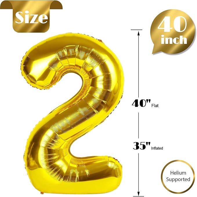 Gold Number 2 Balloon 40 Inch, 2nd Birthday Decoration for Toddlers Girls Boys, Sparkling 2 Number Balloon Party Decor