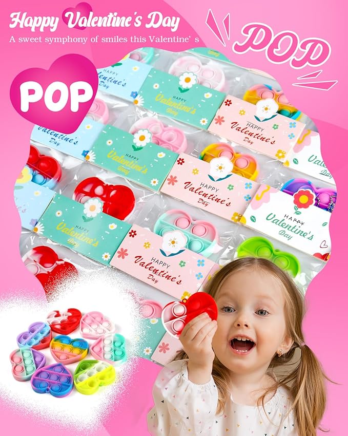 32 Pack Valentine's Day Heart-Shaped Pop Fidget Toys for Kids, Classroom Bulk Gifts with Keychains & Cards, Perfect for School Party & Class Exchanges