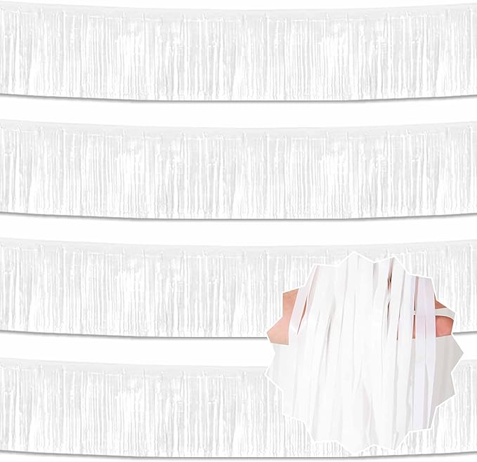4 Pack 10 Ft Macaron White Foil Fringe Garland Metallic Streamers Tinsel Banner Wall Hanging Garland Backdrop for Parade Floats, Halloween, Christmas, Thanksgiving, New Year Party Decorations