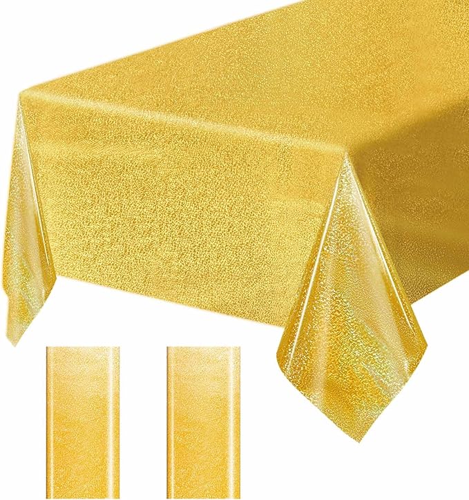 2 Pack Gold Iridescent Plastic Tablecloth Disposable 54 × 108 Inch Glitter Holographic Foil Table Cloth Plastic Laser Rectangle Table Cover for Birthday Wedding Disco Party