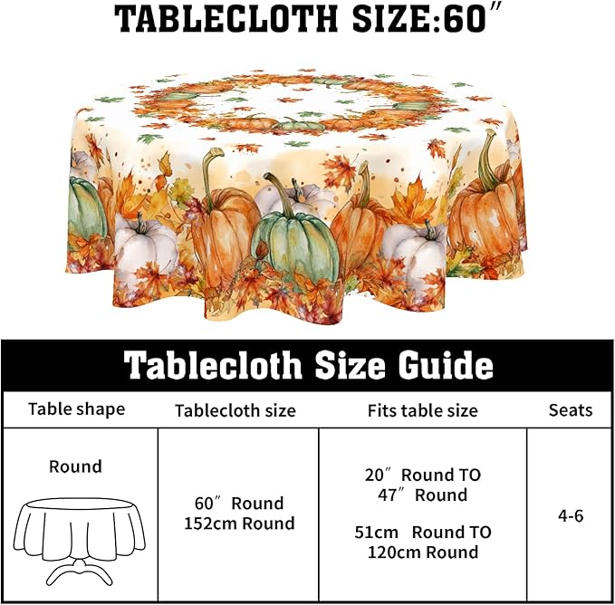 Fall Tablecloth Round 60 Inch Thanksgiving Autumn Harvest Orange Pumpkin Outdoor Table Cloth Maple Leaf Table Cover for Kitchen Dinner Room Holiday Party Outdoor Home Fall Decor