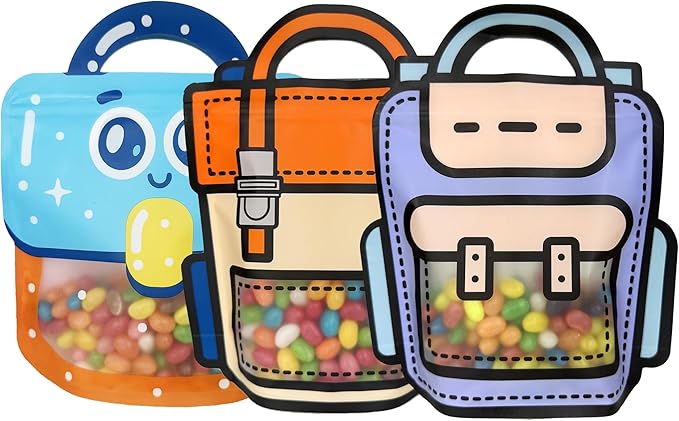 PABCK 30 Pack Plastic Gift Bags Cartoon Goodie Bags 7.09x8.27 inch Backpack-shaped Candy Packaging Bag with Handle Resealable Treats Birthday Party Favor Stand Up (10 Blue,10 Purple and 10 Orange)