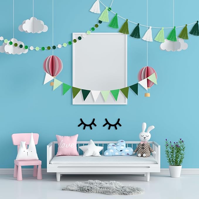Irenare 9.8ft Pom Pom Garland Felt Rainbow Garland Graduation Party Decoration Colorful Pennant Tassel Banner Birthday Baby Shower Triangle Banner for Classroom School Mantel Fireplace(Gradient Green)