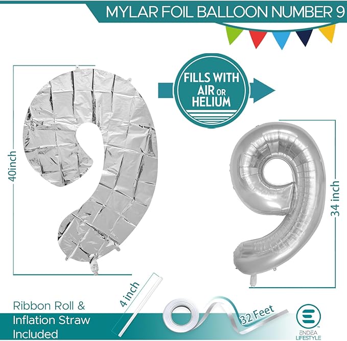 40 Inch Large Silver Number Celebration and Decoration Balloon for Birthday Parties, Graduations, Anniversaries, Weddings, Photo Shoots, Special Events - Helium Foil (Silver Number 9)