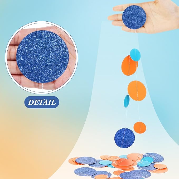 Outus 5 Pieces Round Dots Garland Valentine Easter Party Hanging Decor Each Length 13.1ft Glitter Paper Dot Streamers for Birthday Wedding Classroom (Orange, Blue)