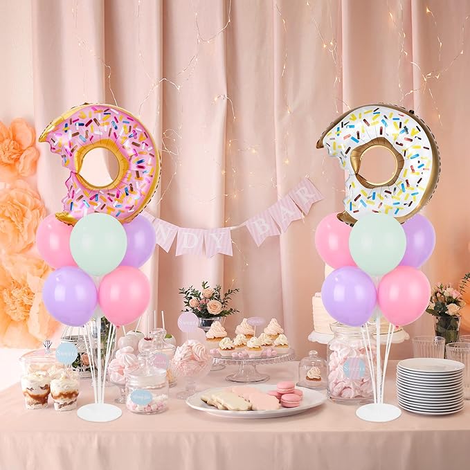 Donut Party Balloons Stand Kit 2 Sets with 2 Donuts Foil Balloons Sweet Donut 1st Party Balloon Centerpieces for Tables for Doughnut Theme Birthday Decorations