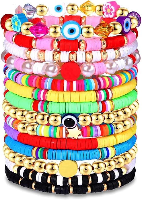 Surfer Heishi Bracelets for Women Stackable Rainbow Vinyl Disc Clay Beaded Stretch Bracelets Elastic Layering Friendship Bracelets Boho Summer Beach Jewelry