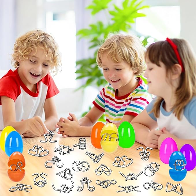 24 Pack Easter Egg Fillers with Metal Brain Teaser Puzzle Set Toys, Easter Eggs Hunts Filling Easter Basket Stuffers Stress Relief Toys Classroom Game for Kids Teens Boys Girls Easter Party Favor