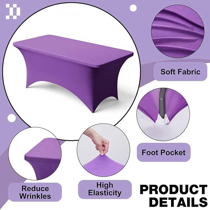 Trlyc 1 Pack 8FT Spandex Table Cloth - 96 x 30 Inch Rectangular Stretch Tablecloth, Wrinkle Resistant Scretch Table Cover for Wedding, Party, Banquet, Picnic, Outdoor Decoration (1Pcs,Purple)
