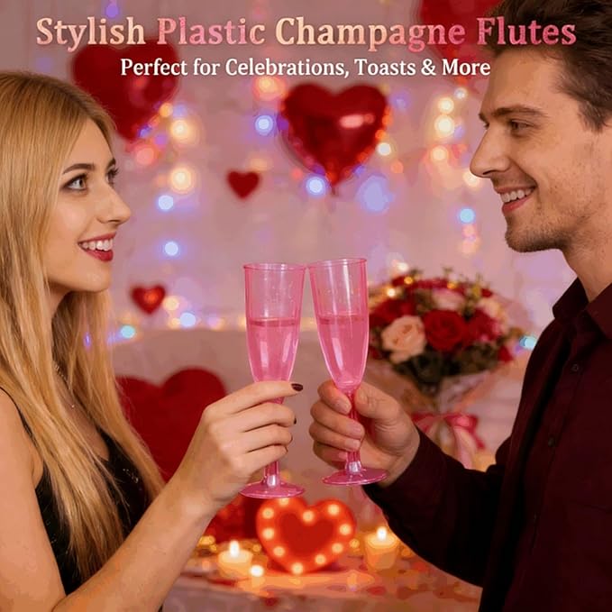 40 Pack Pink Plastic Champagne Flutes Disposable Wine Glasses, 4.5 Oz Clear Mimosa Cocktail Toasting Cups Bulk for 2026 New Year Eve Party Supplies Wedding Bride, Women's Day Decor
