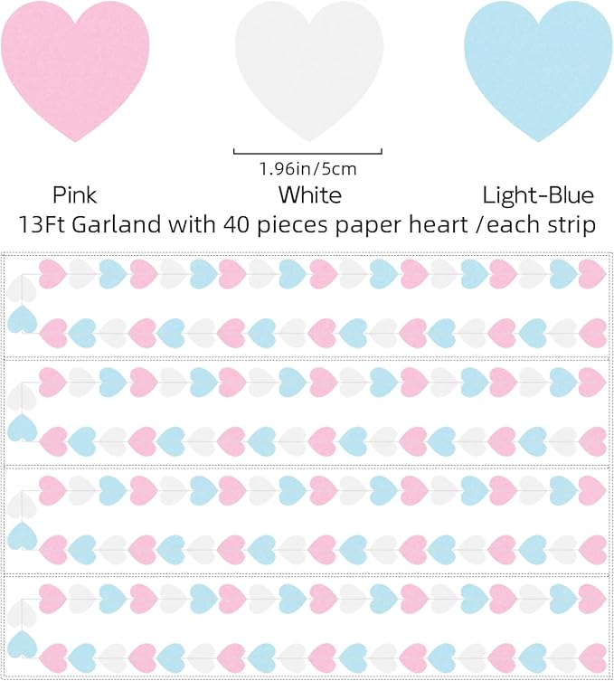 Blue Pink White Party-Decorations Gender-Reveal - 52Ft Paper Heart Garland Streamer Banner Birthday Decorations Baby Shower Decorations Gender Neutral Decorations Bridal Wedding HongTongTong