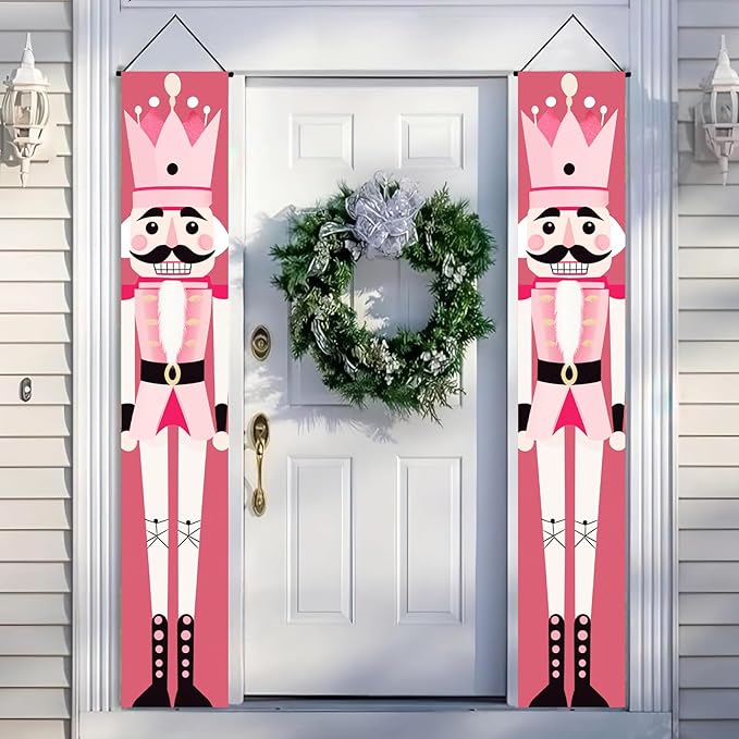 Christmas Nutcracker Door Banner Pink Soldier Porch Sign Holiday Wall Hanging Decoration Outdoor Home Decor Seasonal Entryway Porch Sign Christmas Winter Front Door Display