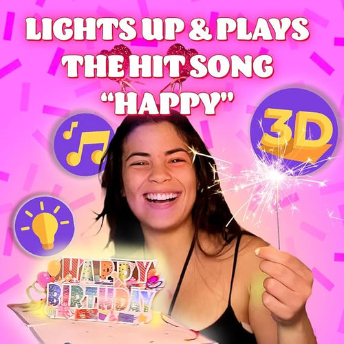 100 GREETINGS 3D Pop Up Birthday Card - Plays 'Happy' with Lights & Music, Unique BDay Singalong for Women, Men, Mom, Grandma & Grandpa