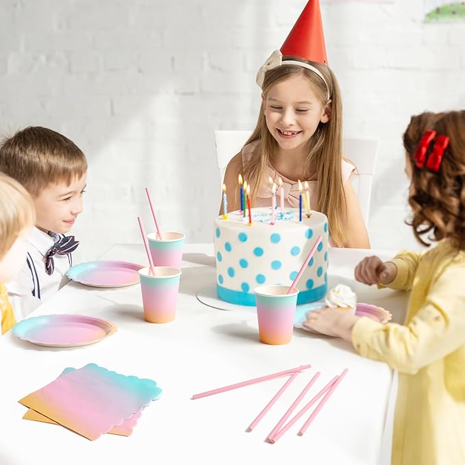 168PCS Party Plates, Scalloped Gingham Paper Plates and Cups and Napkins Sets Party Supplies for Birthday Wedding Bridal Shower Baby Shower Picnic, Serve for 24 Guests (Iridescent Scalloped)