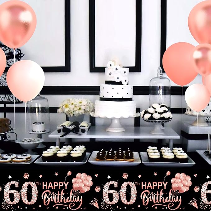 3 Pack Pink Rose Gold 60th Birthday Tablecloth Decorations - Happy Sixty Theme, Plastic Disposable Rectangular Table Cloth Decor