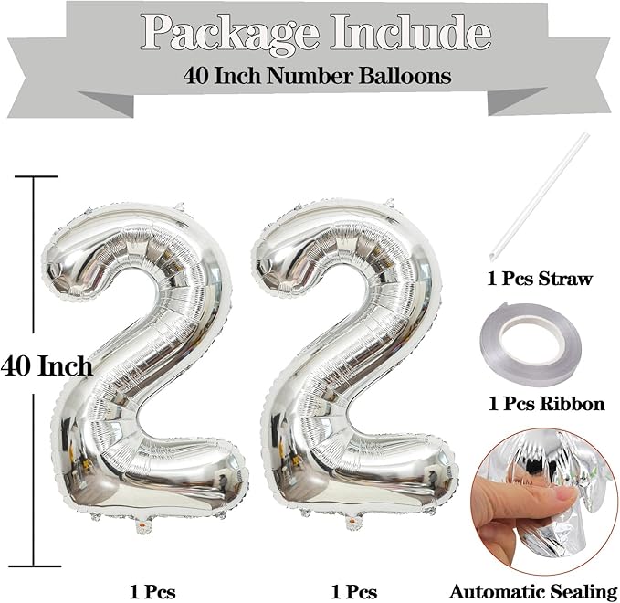 Large Silver 22 Number Balloons, 40 Inch Jumbo Number 22 Balloon, Silver Foil Mylar Balloons for Girl Sweet 22th Birthday Party, Anniversary Decorations