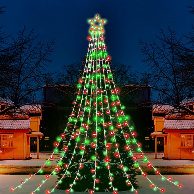 Outdoor Christmas Lights, 320 LED String Lights with Star Tree Topper, Outdoor Christmas Decorations [8 Modes & Waterproof] for Halloween Xmas New Year Holiday (Plastic Star-Red & Green)