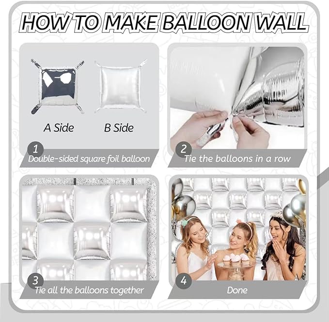 50PCS White and Silver Square Foil Balloon Wall, Double Sided Metallic Silver White Garland Kit, Reusable DIY Mylar Balloon Arch for Anniversary Birthday Engagement Bridal Baby Shower Party Decor