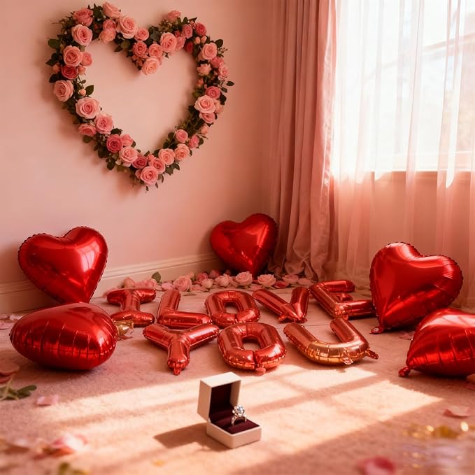 Valentines Day Balloons Decorations Red 10 Pcs 16 Inch - "I Love You" Letter + Heart Balloons with Tape Straws Ribbon for Romantic Party Proposal Wedding Bedroom Valentines Day Decor
