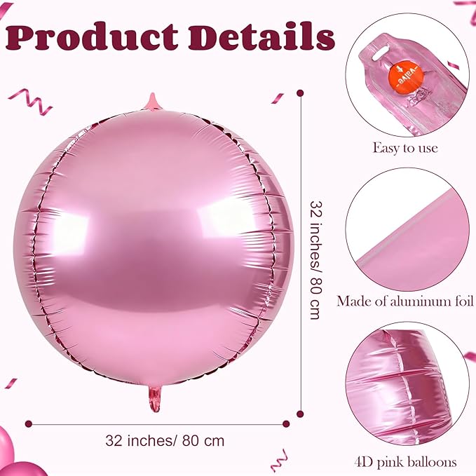 3 Pcs 32 Inch 4d Round Ball Balloons Holographic Balloons for Spring, Foil Rainbow Decor for Under The Sea Mermaid Groovy Party, Stage, Valentines Day, Wedding, Birthday Party(Pink)