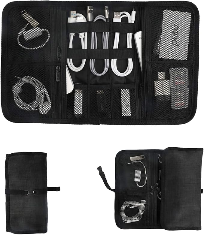 Patu Roll Up Electronics Accessories Travel Gear Organizer Case, Black - Portable Universal External Batteries Hard Drives Cable Management Healthcare Cosmetics Kit Bag