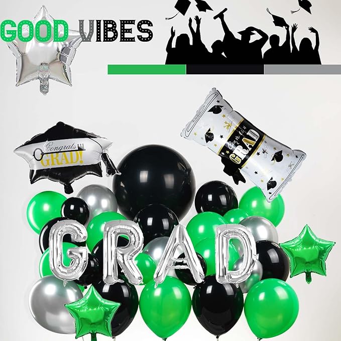 Black green and Silver Balloon Garland Arch Kit 130+ Pieces with green and Silver Stars, Graduation Certificate Graduation Cap GRAD Letters Mylar Balloons for 2025 Graduation Prom Decorations